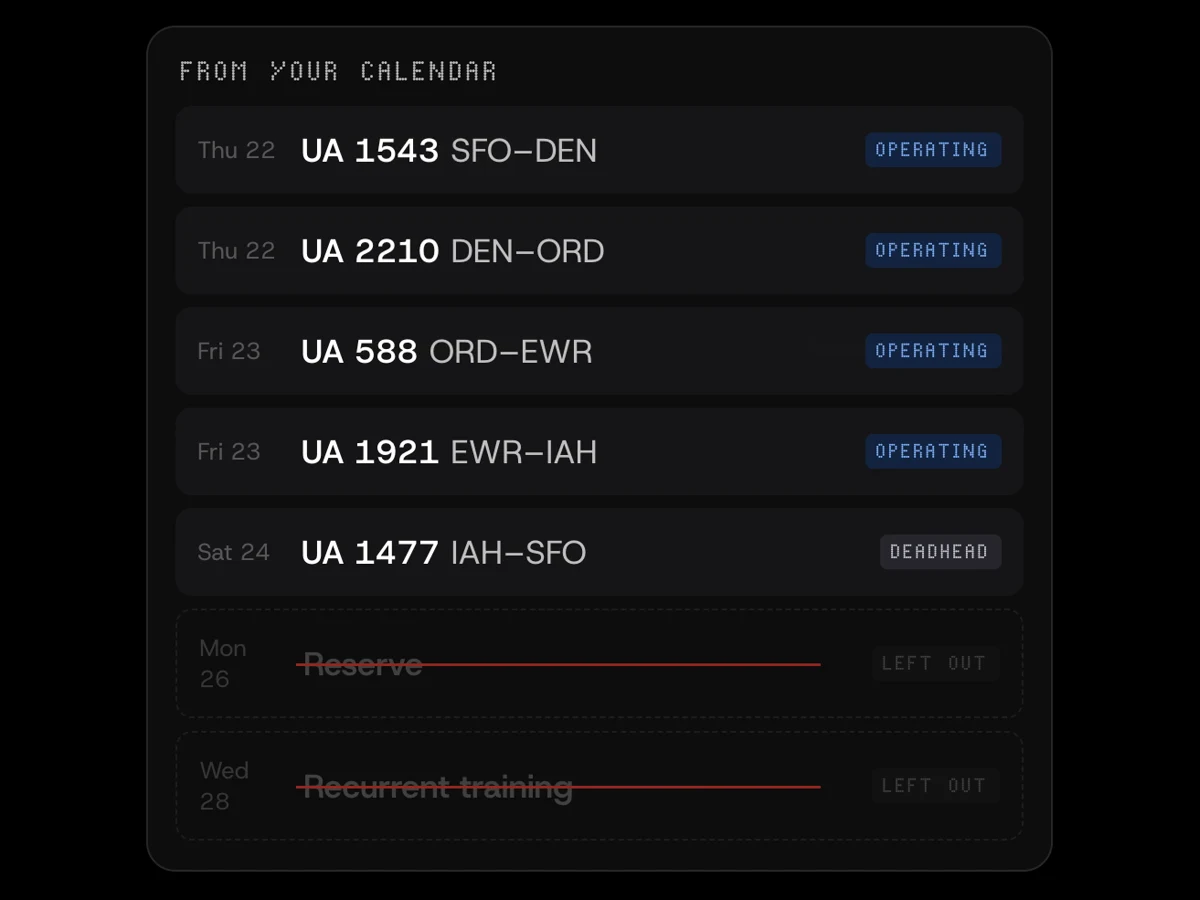 Imported legs marked operating or deadhead, with reserve and recurrent training struck through and left out