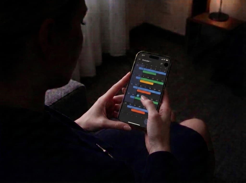 Pilot reviewing an upcoming flight calendar on a phone in a dim room