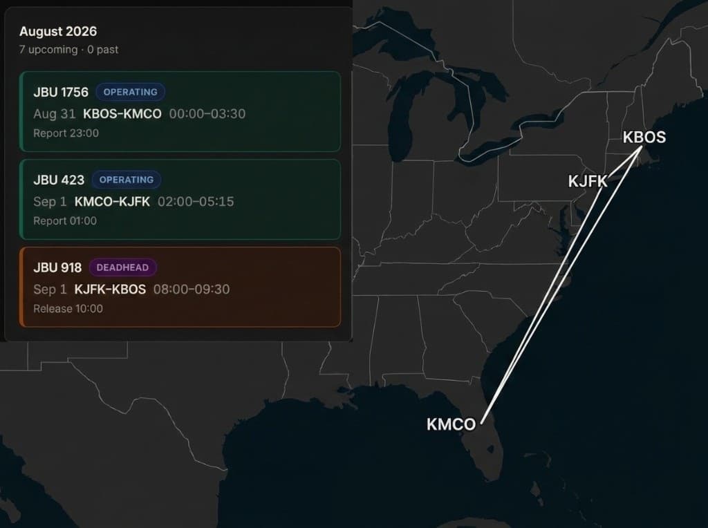 A pairing split into operating and deadhead legs beside a map of the routes flown